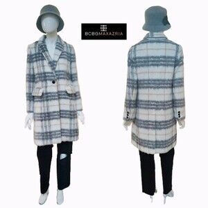 BCBGMAXAZRIA NEW Winter Sophistication Plaid Hair-Fur Midi Coat S